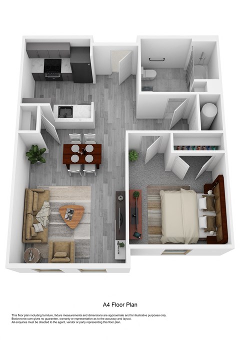 a stylized 3d floor plan with a bedroom and living room